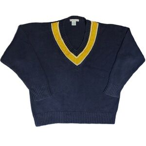 Jamie Scott vintage Navy V-Neck Sweater with Yellow Stripe L